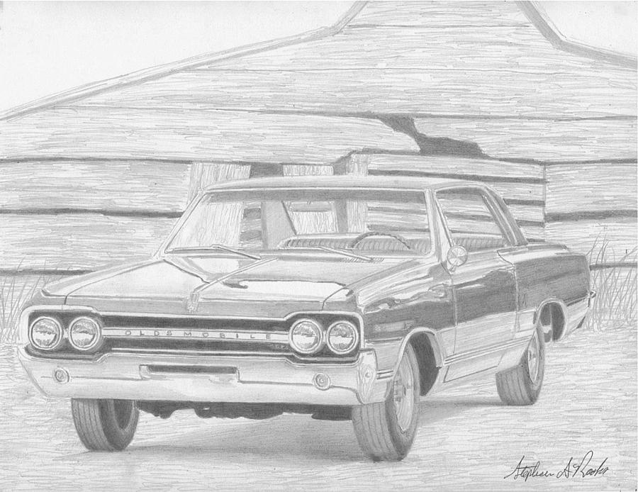 Miscellaneous Drawing - 1965 Oldsmobile Cutlass 442 MUSCLE CAR ART PRINT by Stephen Rooks