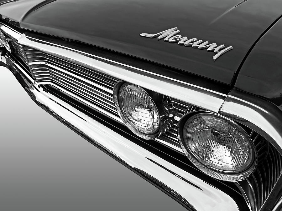 1966 Ford Mercury Hood Grille and Headlights in Black and White Photograph by Gill Billington