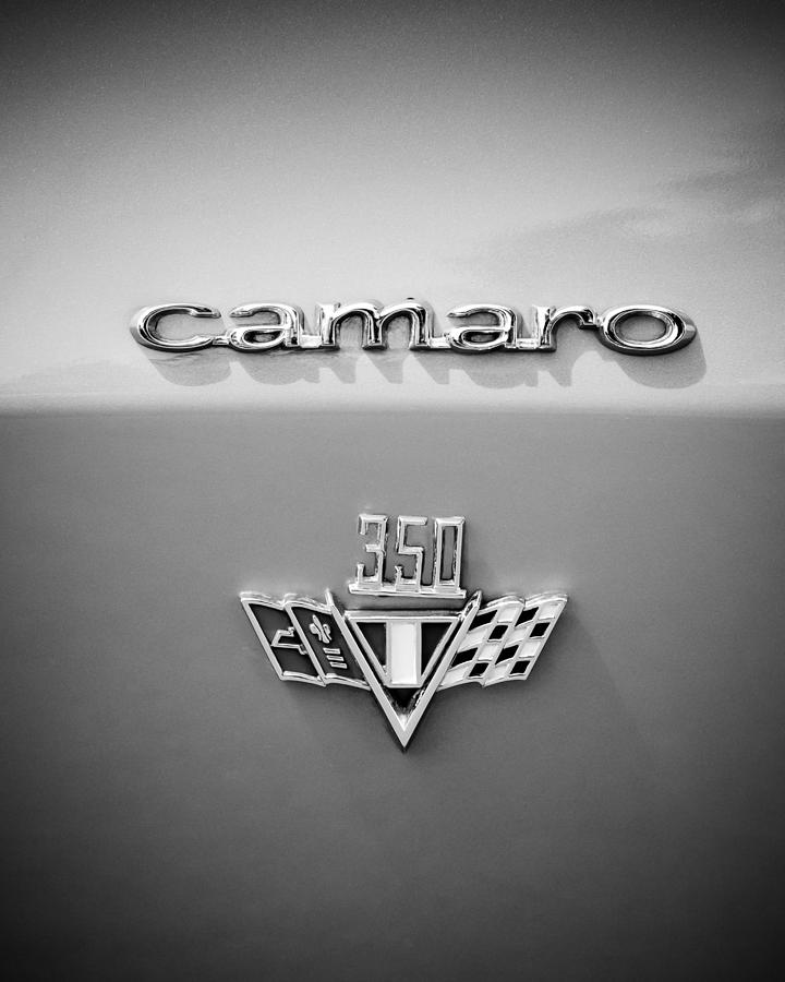 Black And White Photograph - 1967 Chevrolet Camaro 350 Emblem -0357bw45 by Jill Reger
