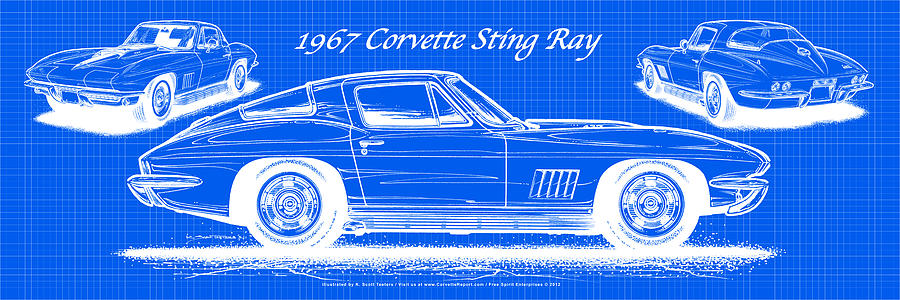 1967 Corvette Sting Ray Coupe Reversed Blueprint Digital Art by K Scott Teeters