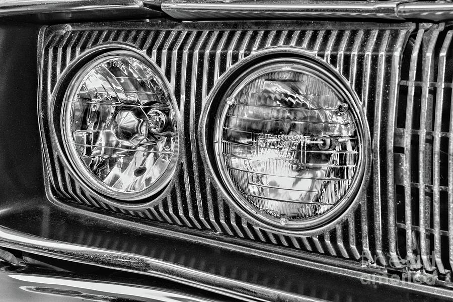 1967 Dodge Coronet Headlights in black and white Photograph by Paul Ward