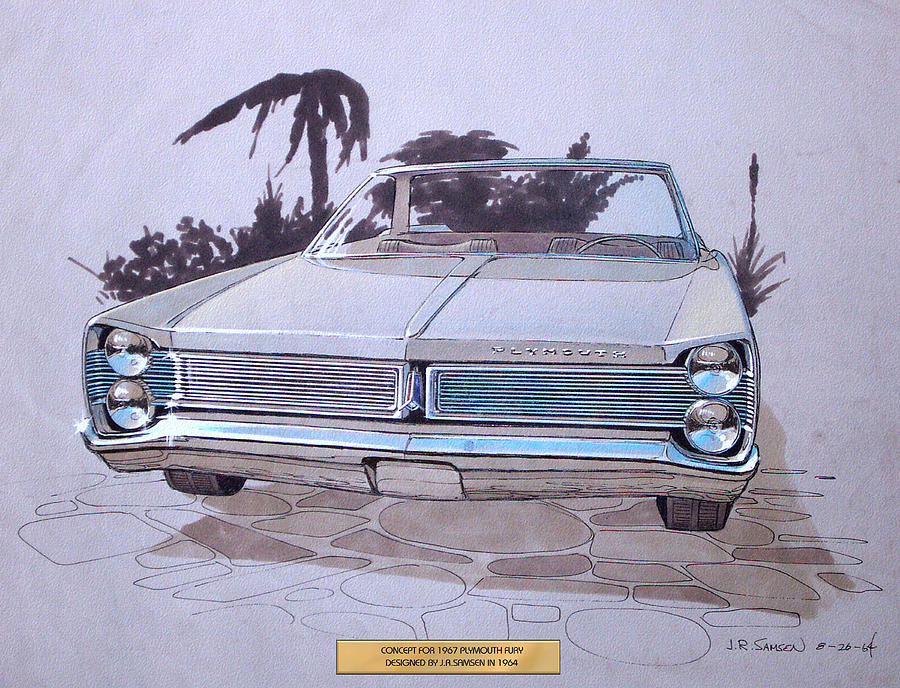 Car Concepts Drawing - 1967 PLYMOUTH FURY  vintage styling design concept rendering sketch by John Samsen