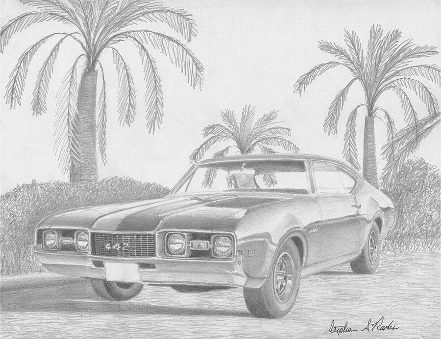 Miscellaneous Drawing - 1968 Oldsmobile Cutlass 442 MUSCLE CAR ART PRINT by Stephen Rooks