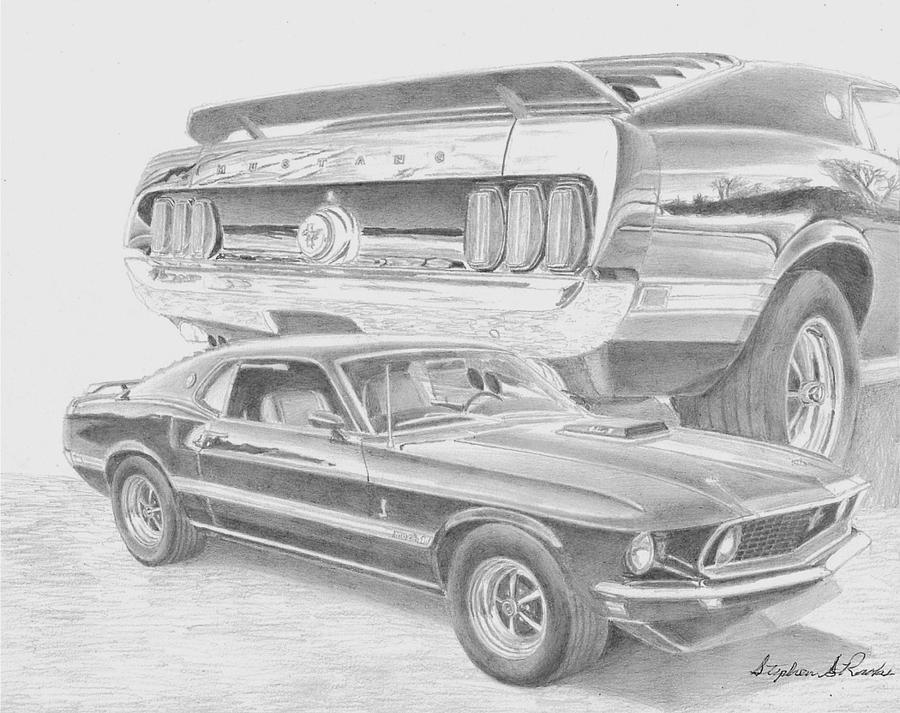 1969 Ford Mustang Mach 1 Collage CLASSIC CAR ART PRINT Drawing by