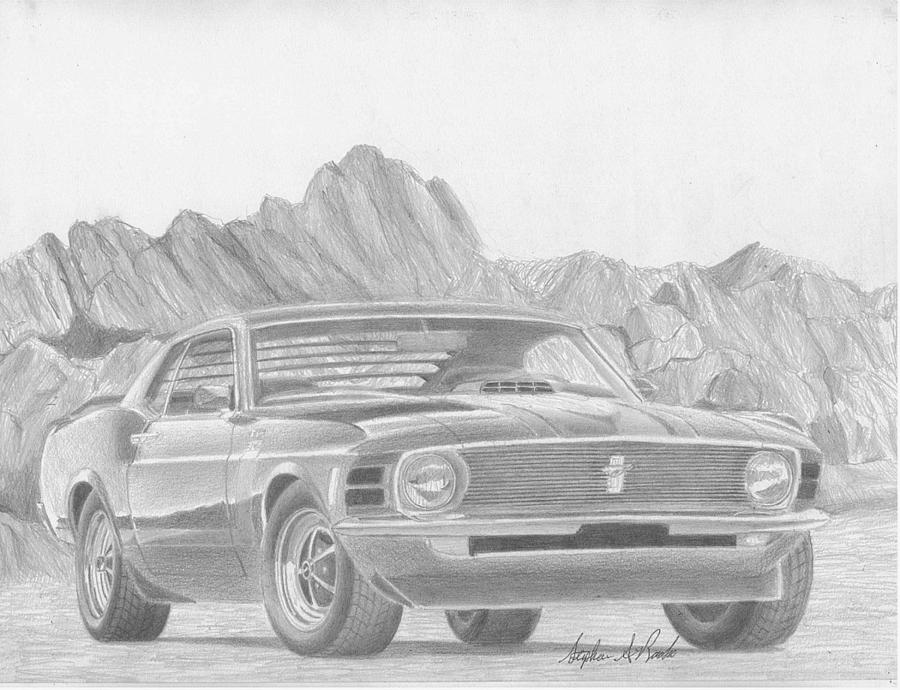 1970 Ford Mustang Boss 302 CLASSIC CAR ART PRINT. is a drawing by Stephen R...