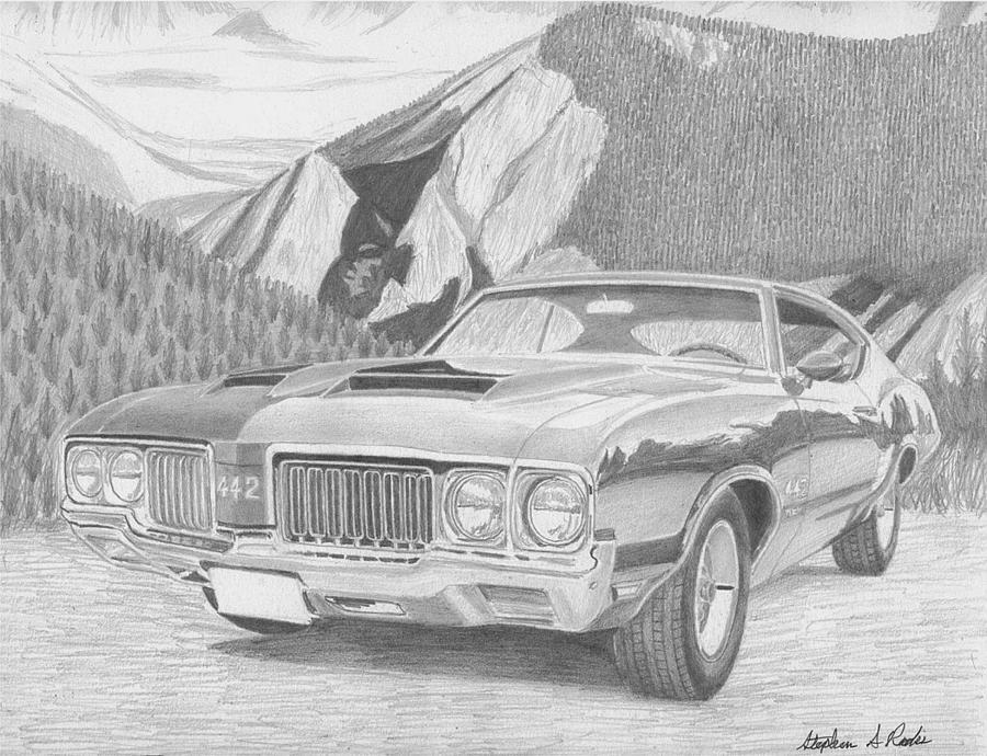 Miscellaneous Drawing - 1970 Oldsmobile Cutlass 442 W-30 MUSCLE CAR ART PRINT by Stephen Rooks