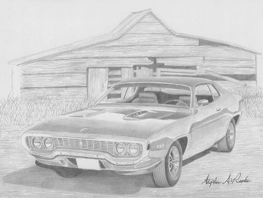 1971 Plymouth Roadrunner Muscle Car Art Print Drawing by Stephen Rooks