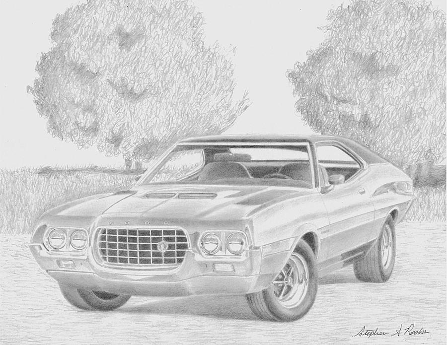 Miscellaneous Drawing - 1972 Ford Gran Torino MUSCLE CAR ART PRINT by Stephen Rooks