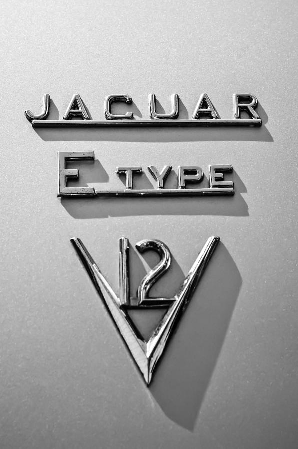1972 Jaguar E-Type V12 Roadster Emblem -0286bw Photograph by Jill Reger