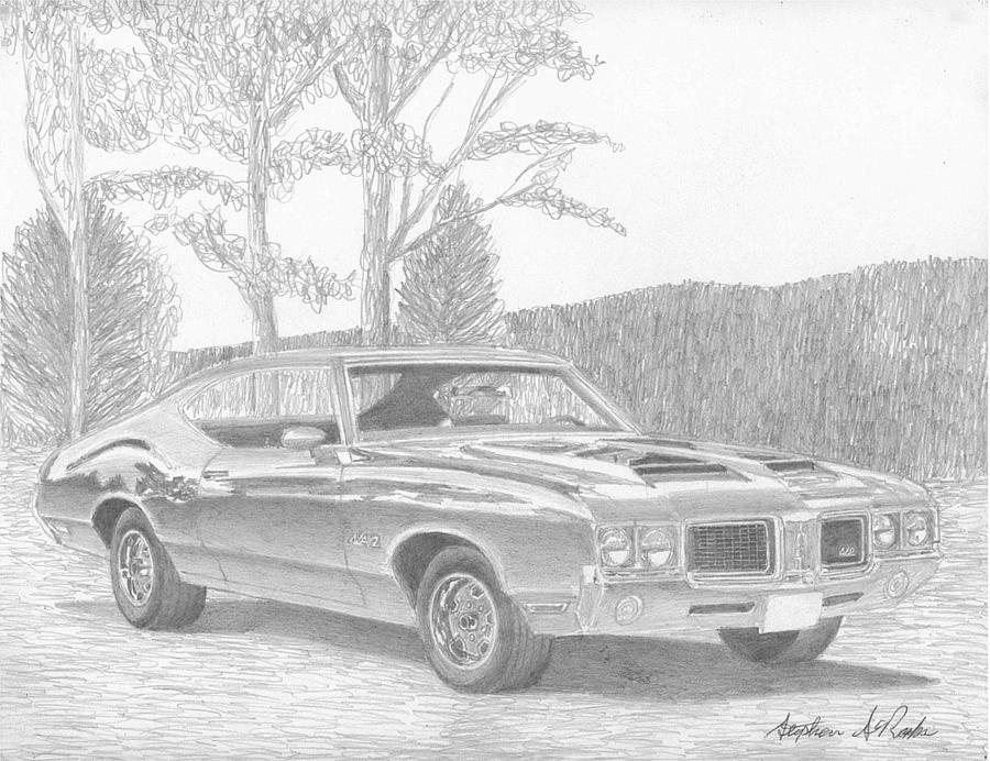 Miscellaneous Drawing - 1972 Oldsmobile Cutlass 442 MUSCLE CAR ART PRINT by Stephen Rooks