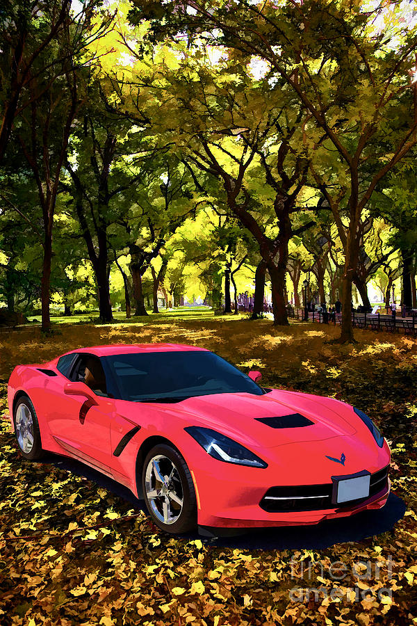 1974 Red Chevrolet Corvette In the Park Painting Print 3479.02 Painting by M K Miller