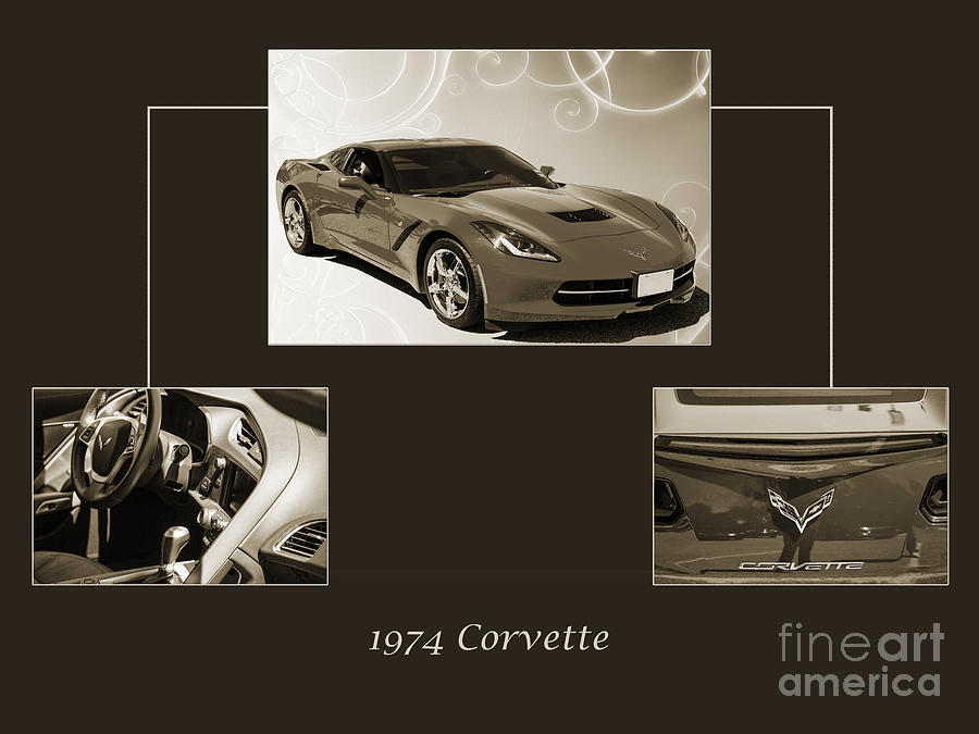 1974 Red Corvette by Chevrolet Collage Sepia Print 3514.01 Photograph by M K Miller