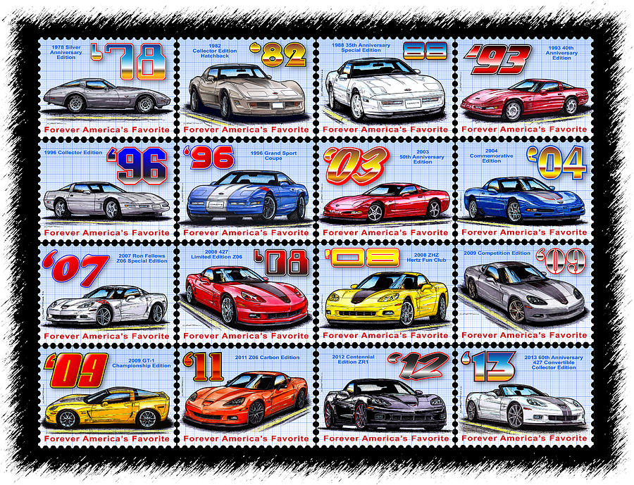 1978 - 2013 Special Edition Corvette Postage Stamps Drawing by K Scott Teeters