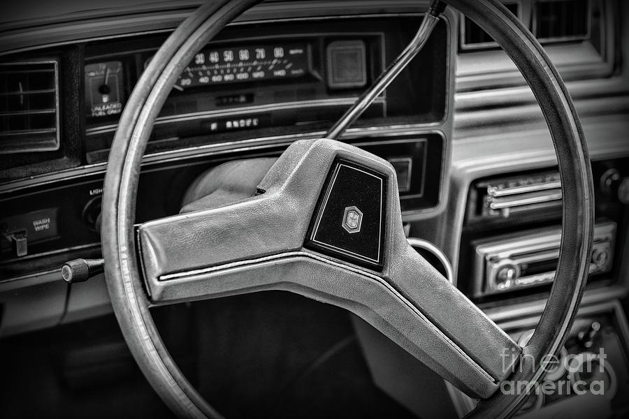 1979 Chevy Malibu Classic Steering Wheel in black and white Photograph by Paul Ward
