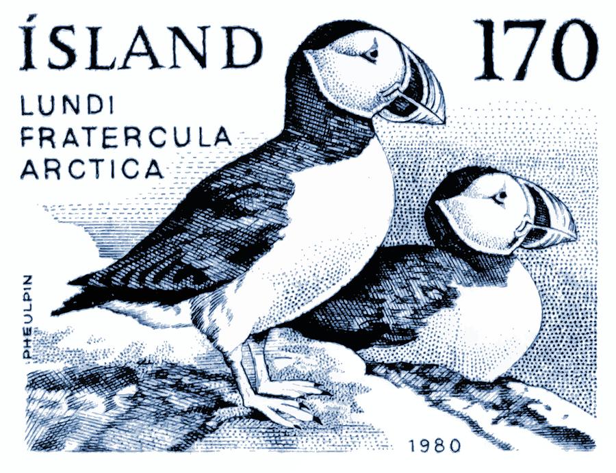 Puffin Digital Art - 1980 Iceland Atlantic Puffins Postage Stamp by Retro Graphics