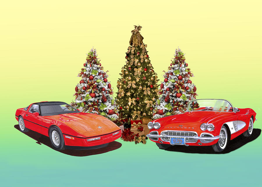 1986 and 1961 Corvette Christmas Painting by Jack Pumphrey