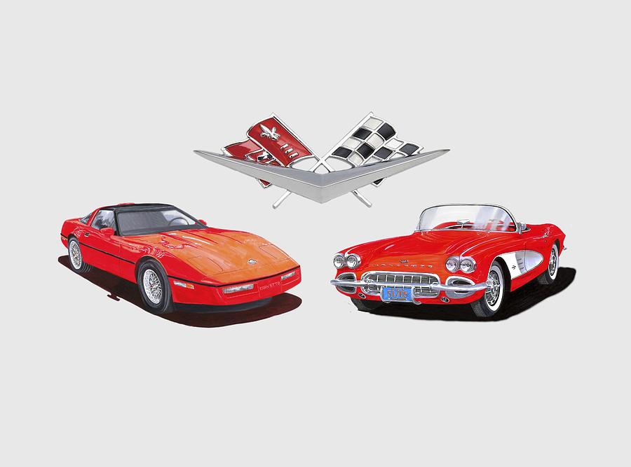 1986 and 1961 Corvettes Painting by Jack Pumphrey