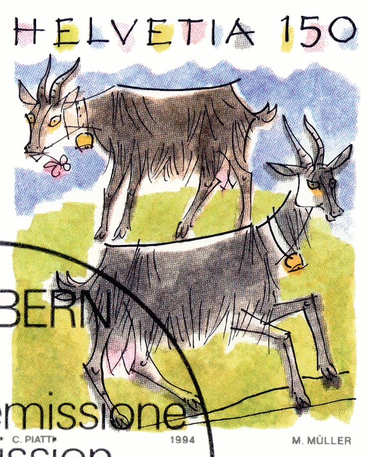 Vintage Digital Art - 1994 Switzerland Goats Postage Stamp by Retro Graphics