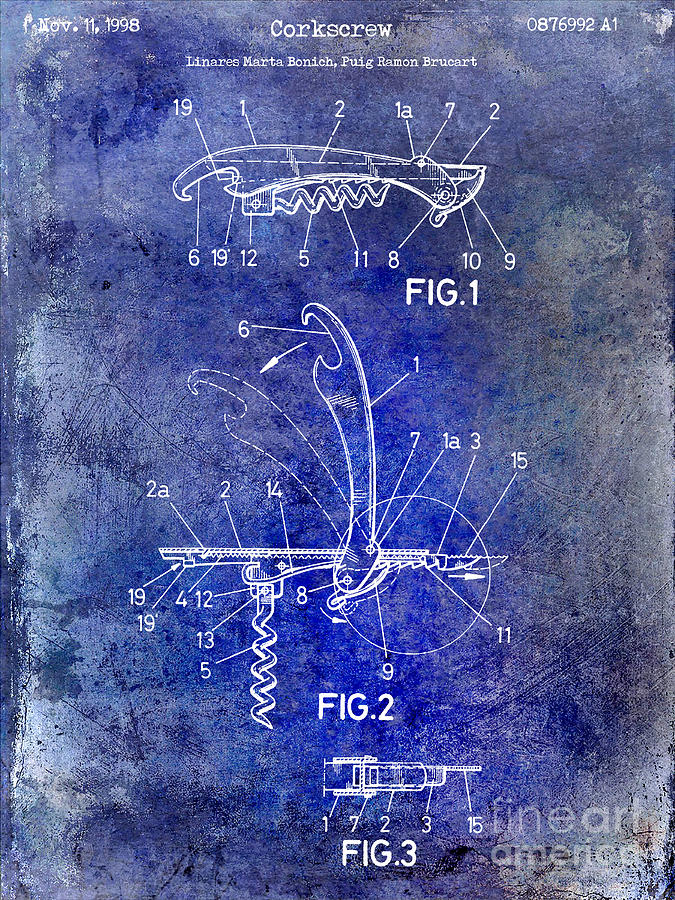 1998 Corkscrew Patent 2 Blue Photograph by Jon Neidert
