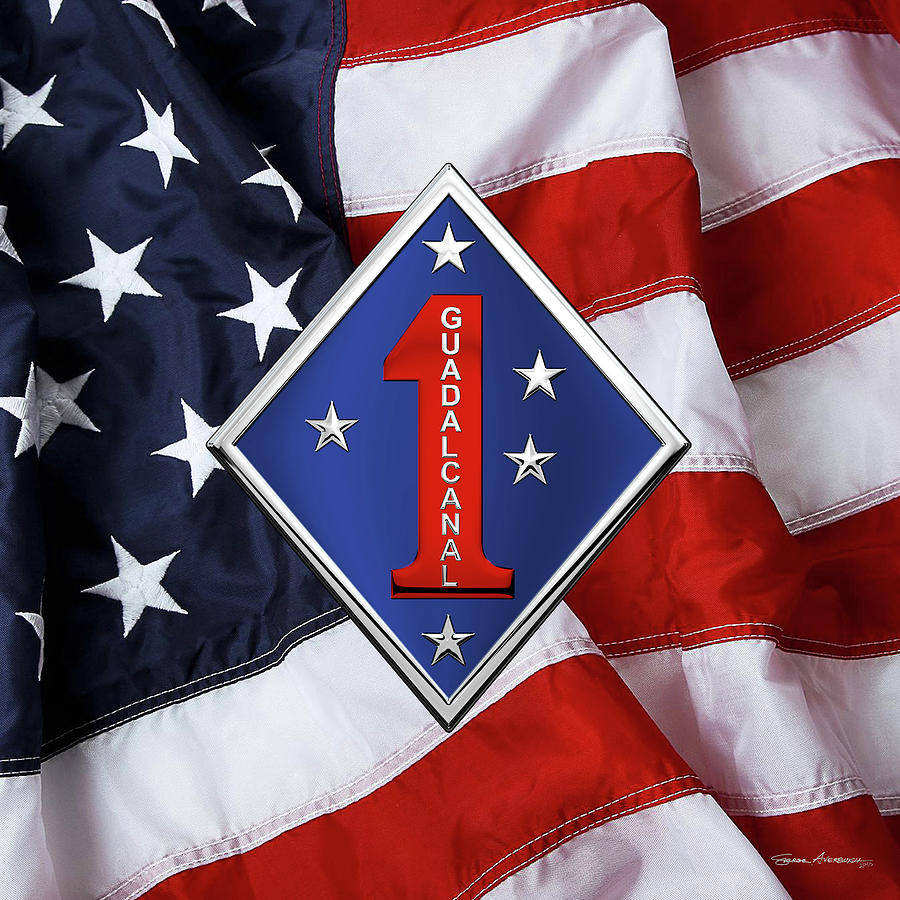 1st Marine Division -  1st  M A R D I V  Insignia over American Flag Digital Art by Serge Averbukh