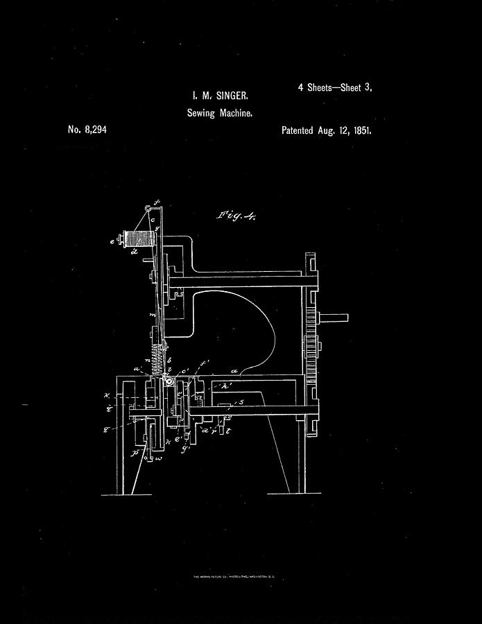 1851 Singer Sewing Machine Patent Drawing   #3 Drawing by Steve Kearns