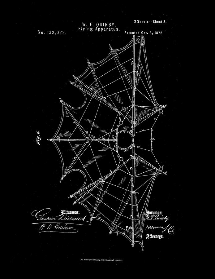 1872 Flying Apparatus Patent Drawing #3 Drawing by Steve Kearns
