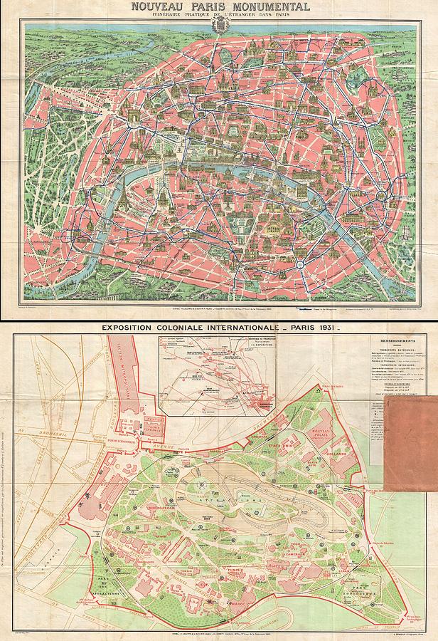 1931 Leconte Map of Paris wMonuments and Map of the Exposition Coloniale #2 Photograph by Paul Fearn