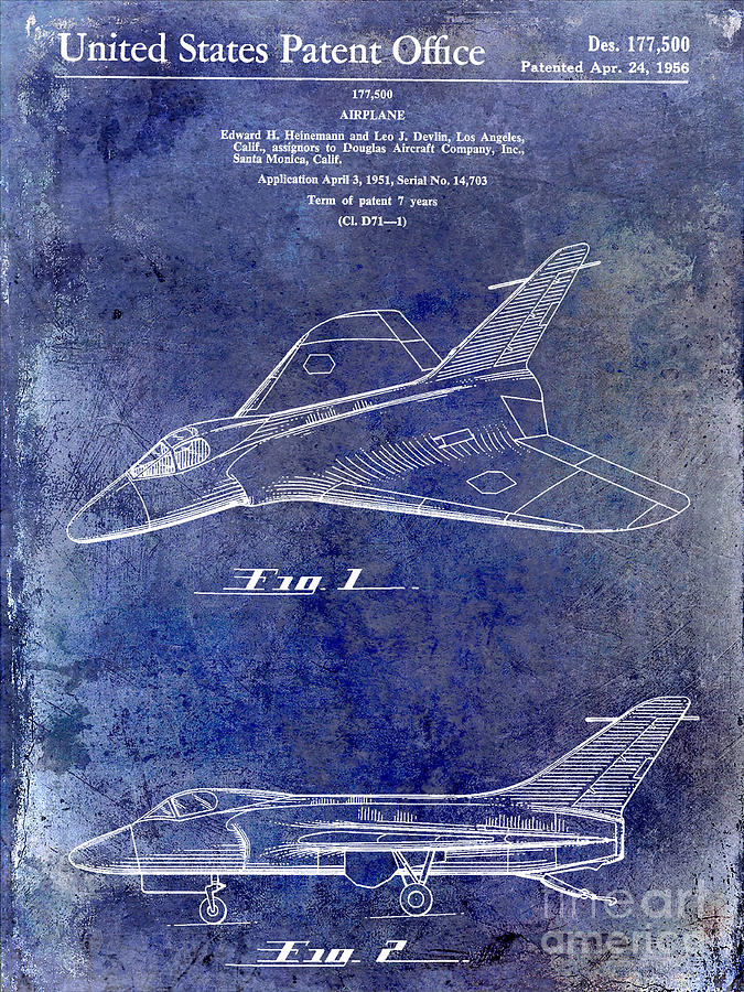 Airplane Photograph - 1956 Jet Airplane Patent 2 Blue #3 by Jon Neidert