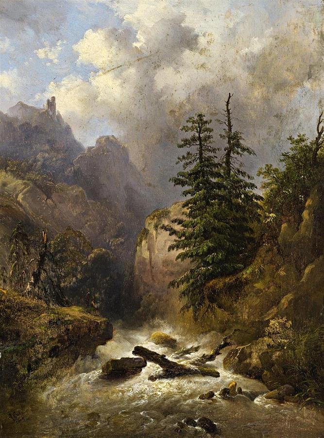 A Moutainous Landscape with a Stream and Pine #2 Painting by Alexandre Calame
