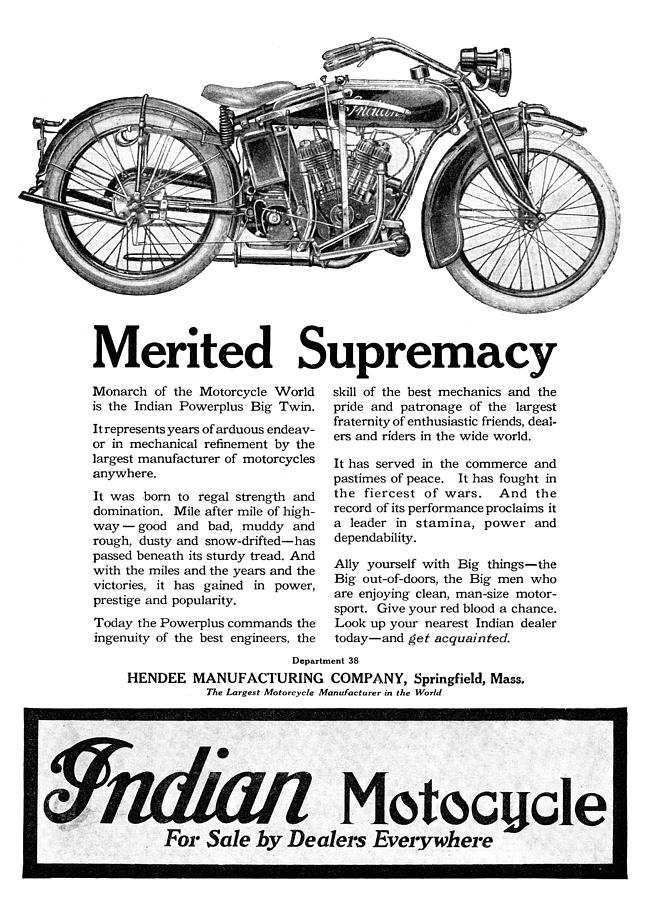 Ad: Indian Motocycle, 1920 #2 Photograph by Granger