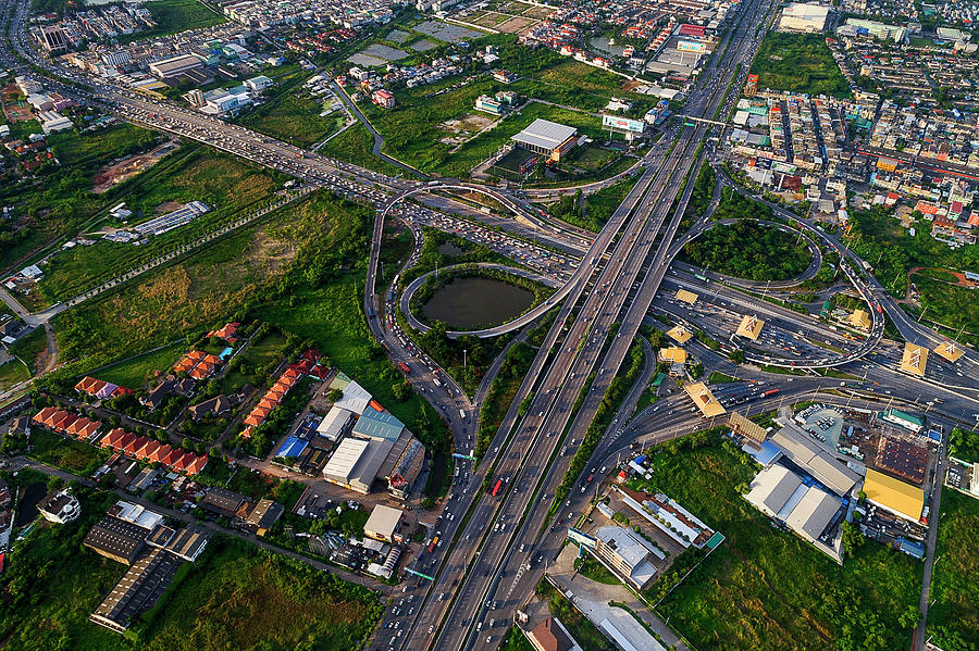 Aerial view of traffic jams at Nonthaburi intersection in the evening, Bangkok. #2 Photograph by Pradeep Raja PRINTS