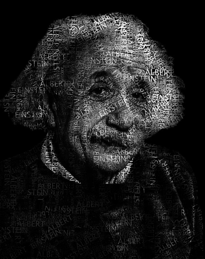 Albert Einstein Digital Art - Albert Einstein Text Portrait - Typographic face poster with the published scientific article names #2 by SP JE Art