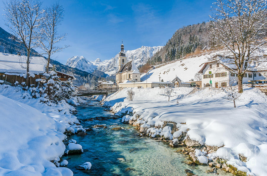 Alpine winter Beauty with snowy church and river #2 Photograph by JR Photography