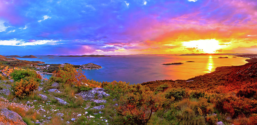 Amazing colorful sunset panorama of Pakostane archipelago #2 Photograph by Brch Photography