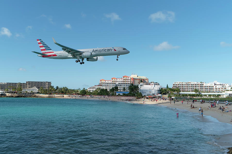 American Airlines landing at St. Maarten #2 Photograph by David Gleeson