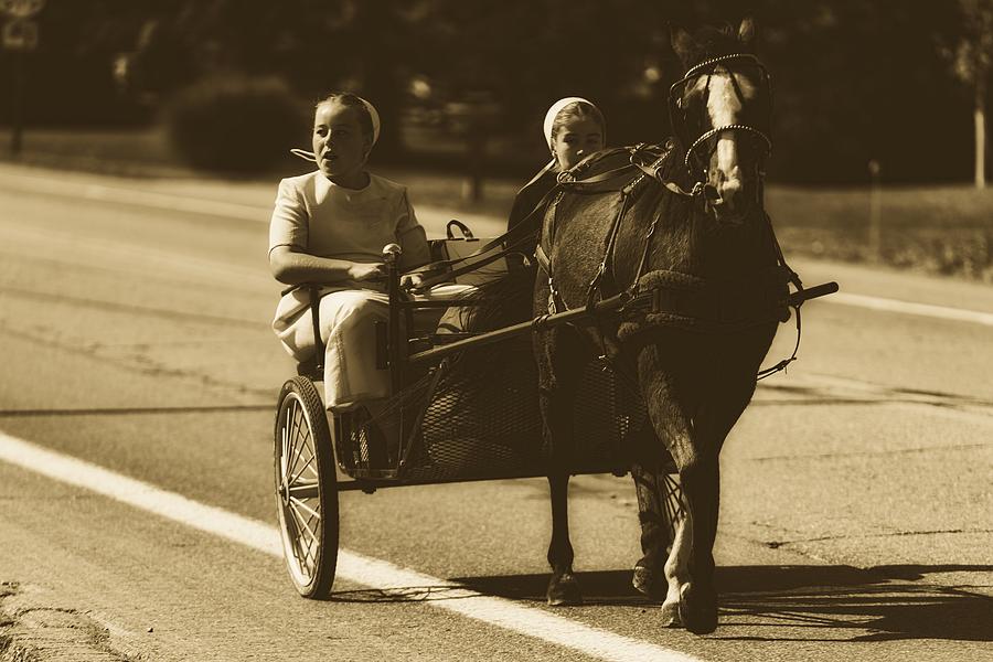 Transportation Photograph - Amish Girls In Buggy #2 by Mountain Dreams