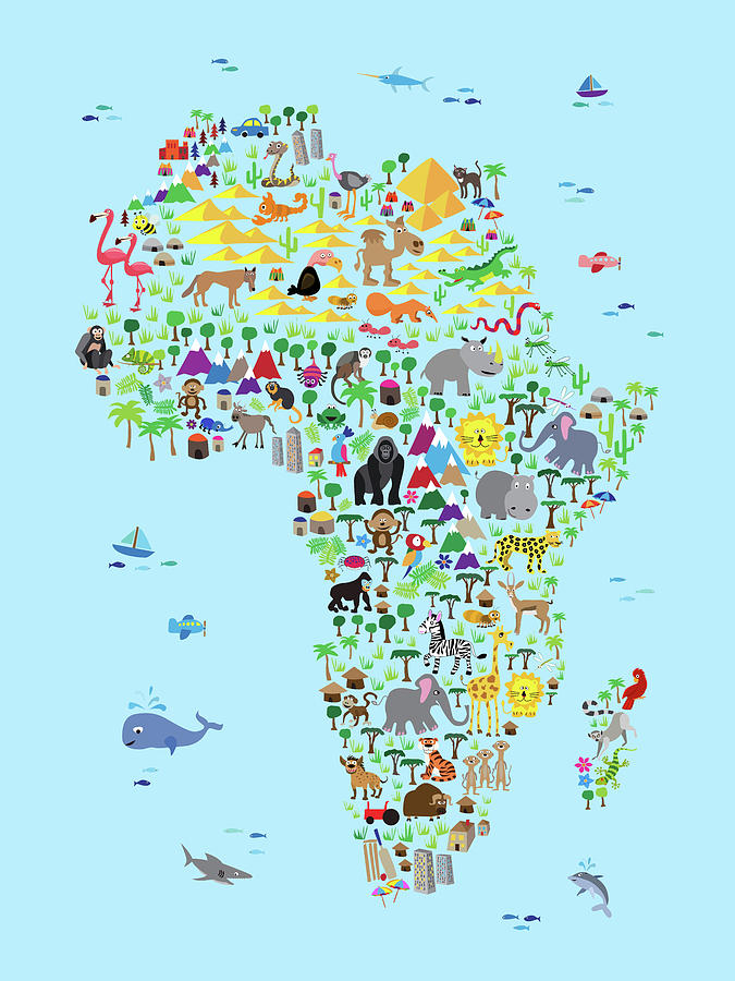 Animal Map of Africa for children and kids #2 Digital Art by Michael Tompsett