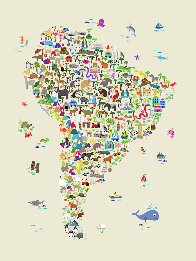 Animal Digital Art - Animal Map of South America for children and kids #2 by Michael Tompsett