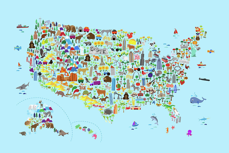 Animal Digital Art - Animal Map of United States for children and kids #2 by Michael Tompsett
