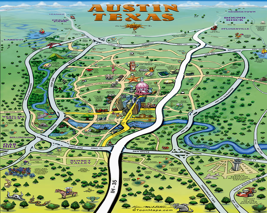 Austin Digital Art - Austin Texas Cartoon Map #2 by Kevin Middleton