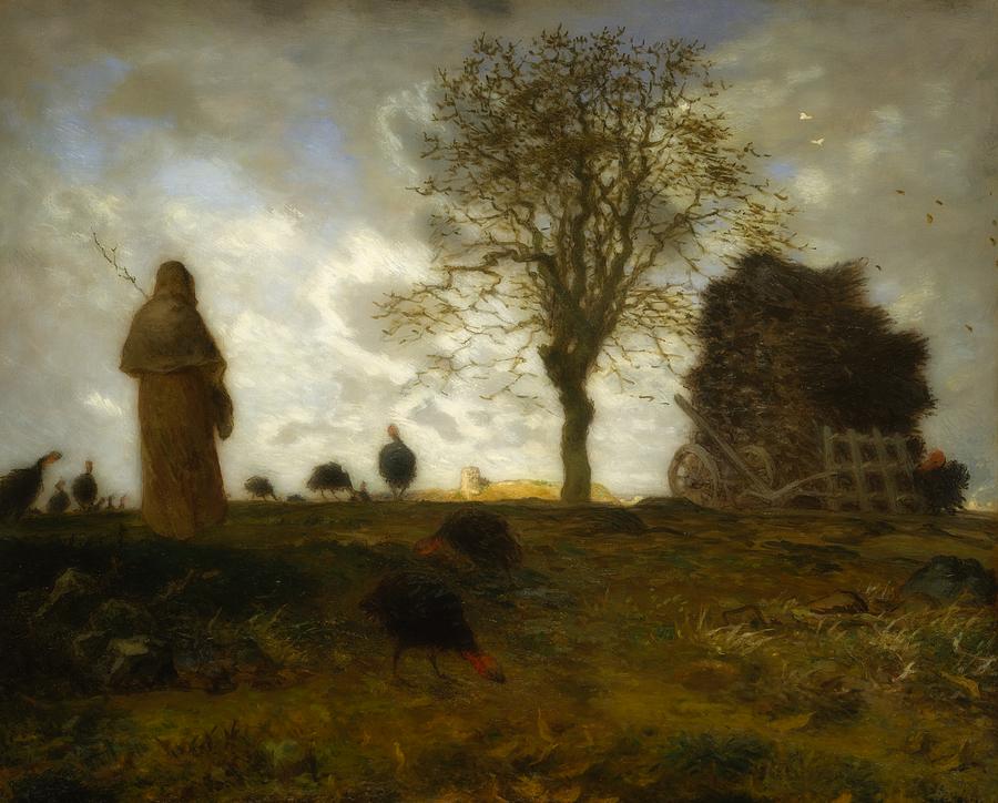 Autumn Landscape with a Flock of Turkeys #3 Painting by Jean Francois Millet