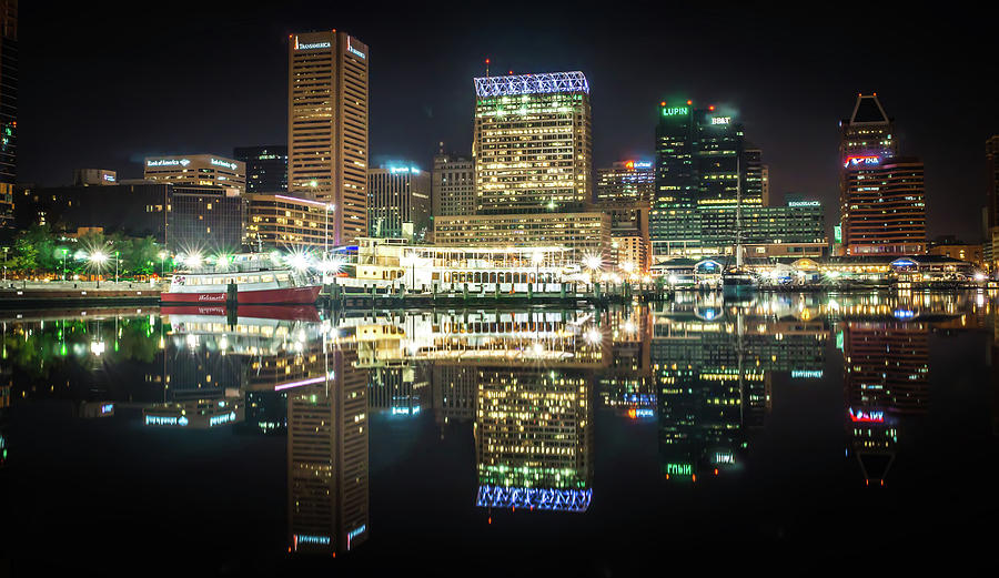 Baltimore  Skyline And Docks Reflecting In The Water At Night Photograph
