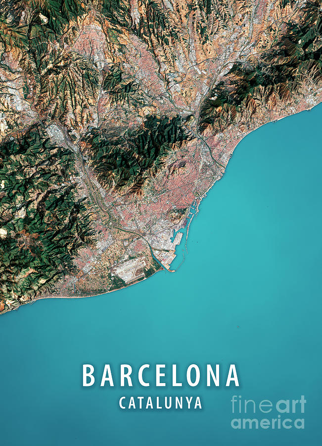 Barcelona Digital Art - Barcelona 3D Render Satellite View Topographic Map #2 by Frank Ramspott