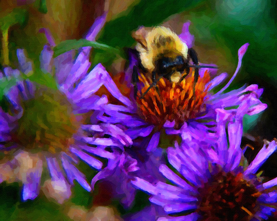 Bee on Purple Flower #2 Painting by Prince Andre Faubert