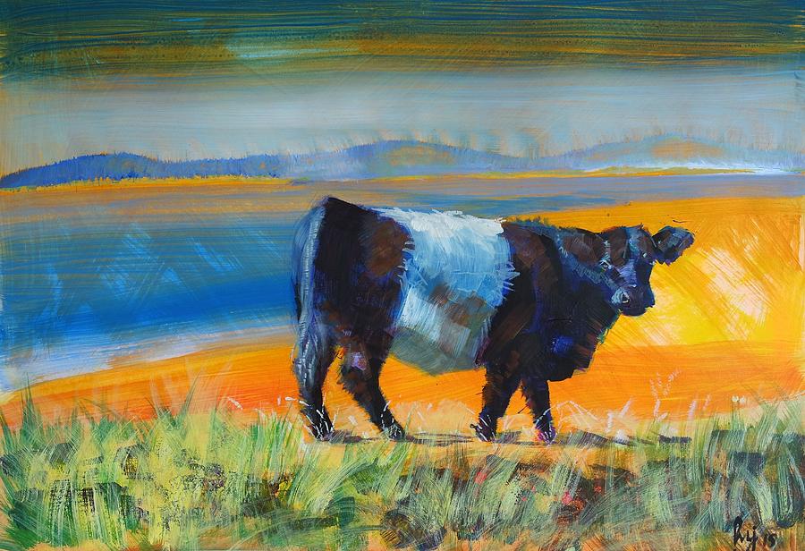 Belted Galloway Cow on beach Painting by Mike Jory