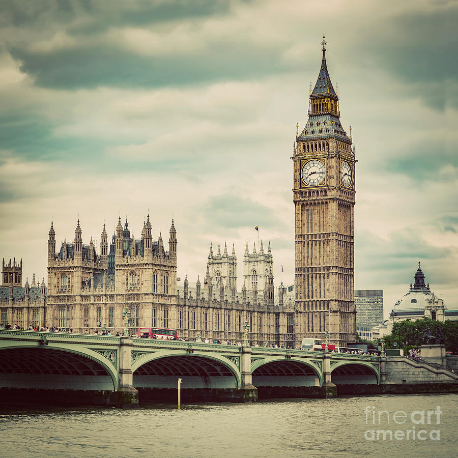 Big Ben, Westminster Bridge On River Thames In London, The Uk. Vintage Photograph