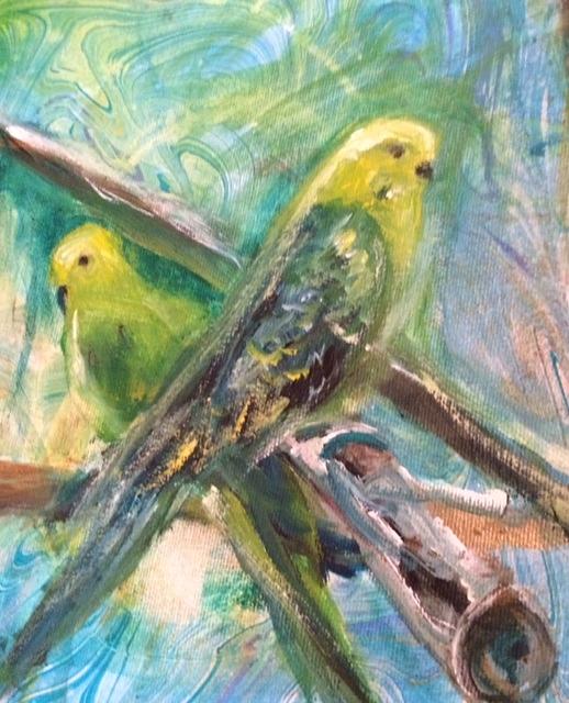 2 Birds on Marbled Paper Painting by Denice Palanuk Wilson