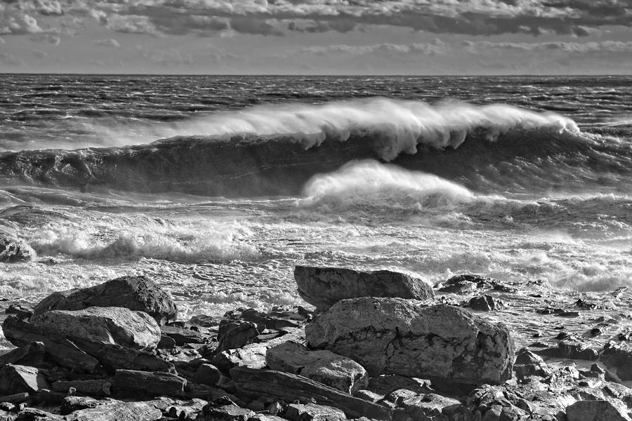 Black and White Large Waves Near Pemaquid Point On The Coast Of  #2 Photograph by Keith Webber Jr