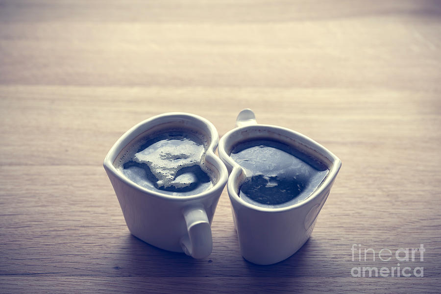 Black coffee, espresso in two heart shaped cups.. Love, Valentines Day, vintage #2 Photograph by Michal Bednarek