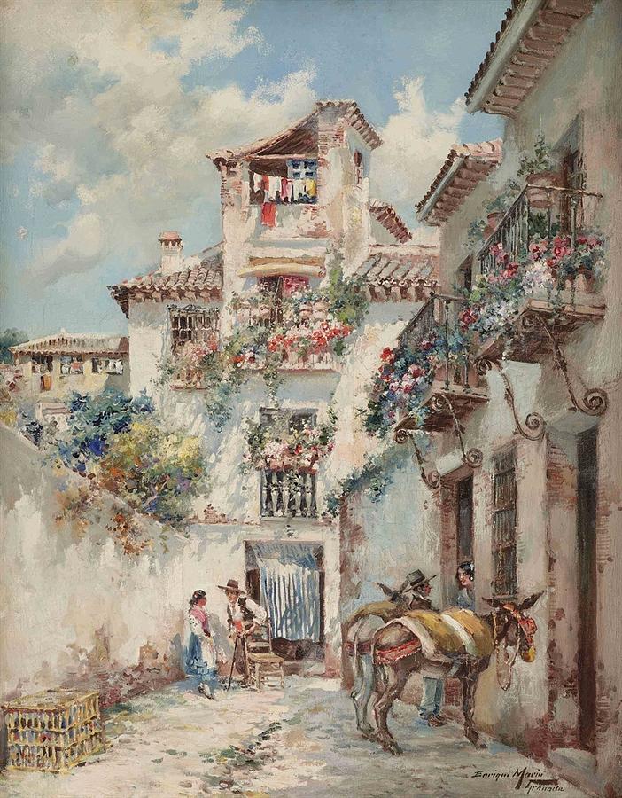 Blossoming flowers in Granada #2 Painting by Enrique Marin